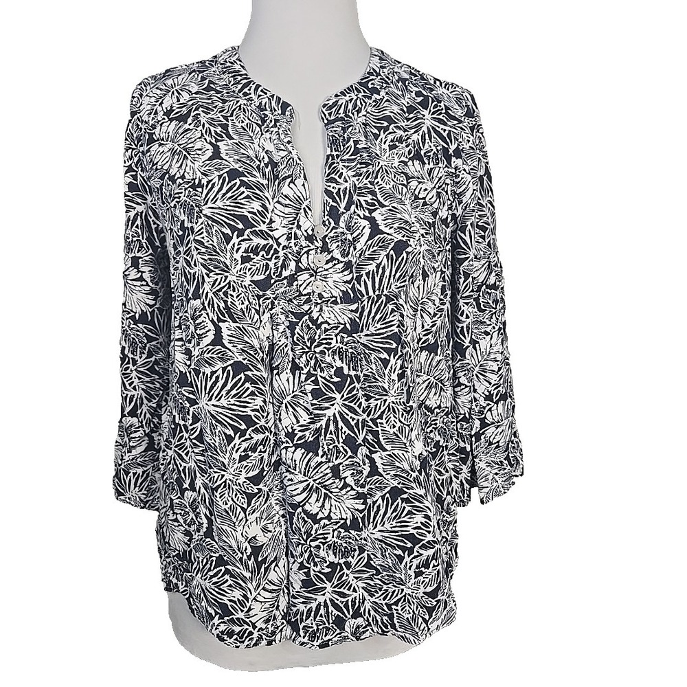 Anne Carson Blue White Tropical Print Rayon Crop Blouse Top Size XL